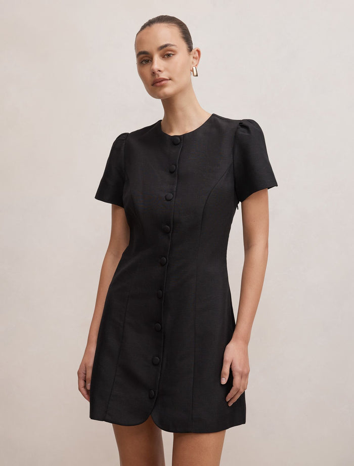 Elinda Button Up Linen Mini Dress Black Forever New