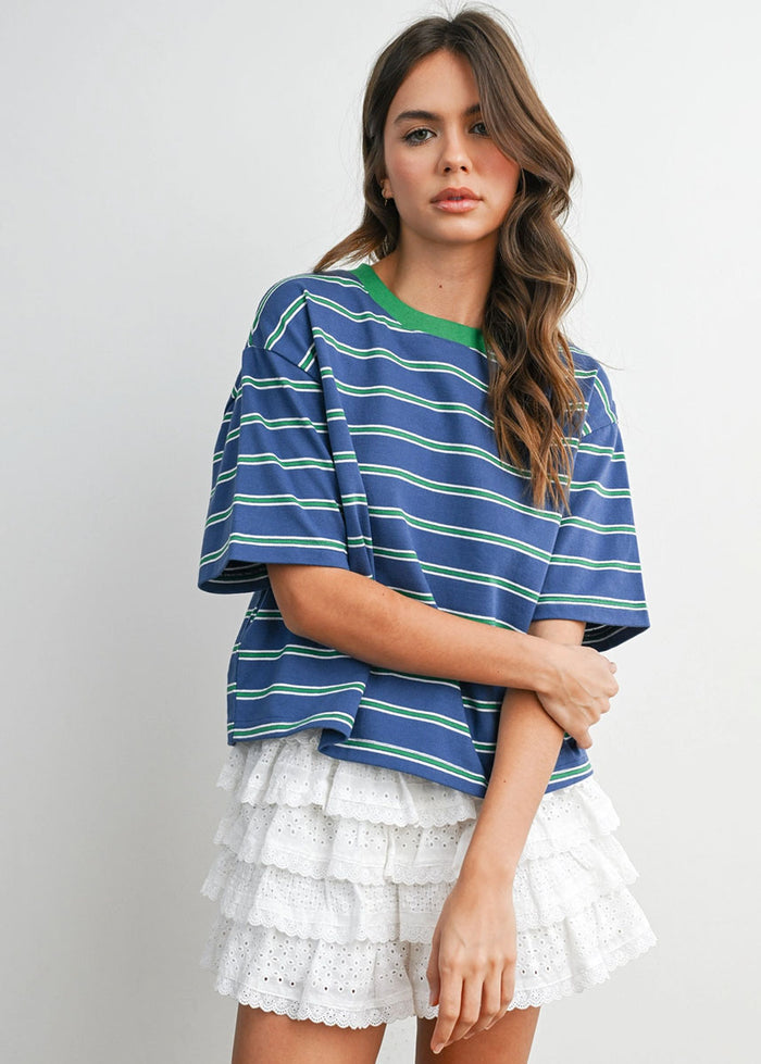 Emiko Striped Crop Tee - Blue & Green