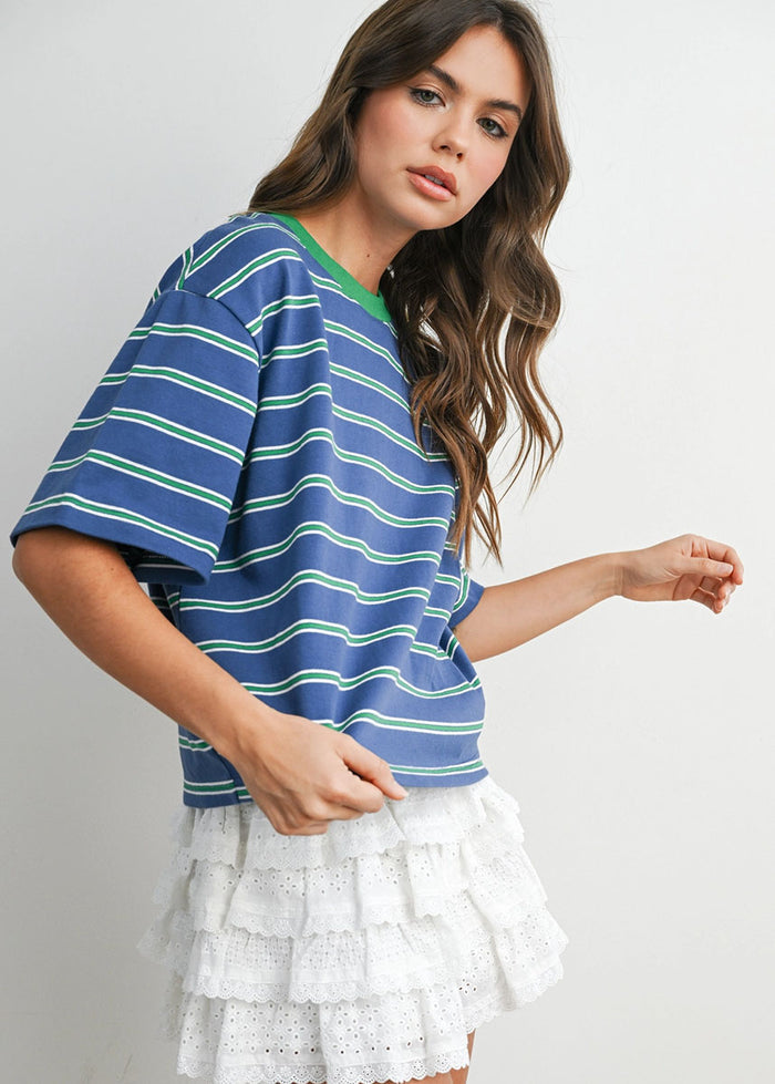 Emiko Striped Crop Tee - Blue & Green