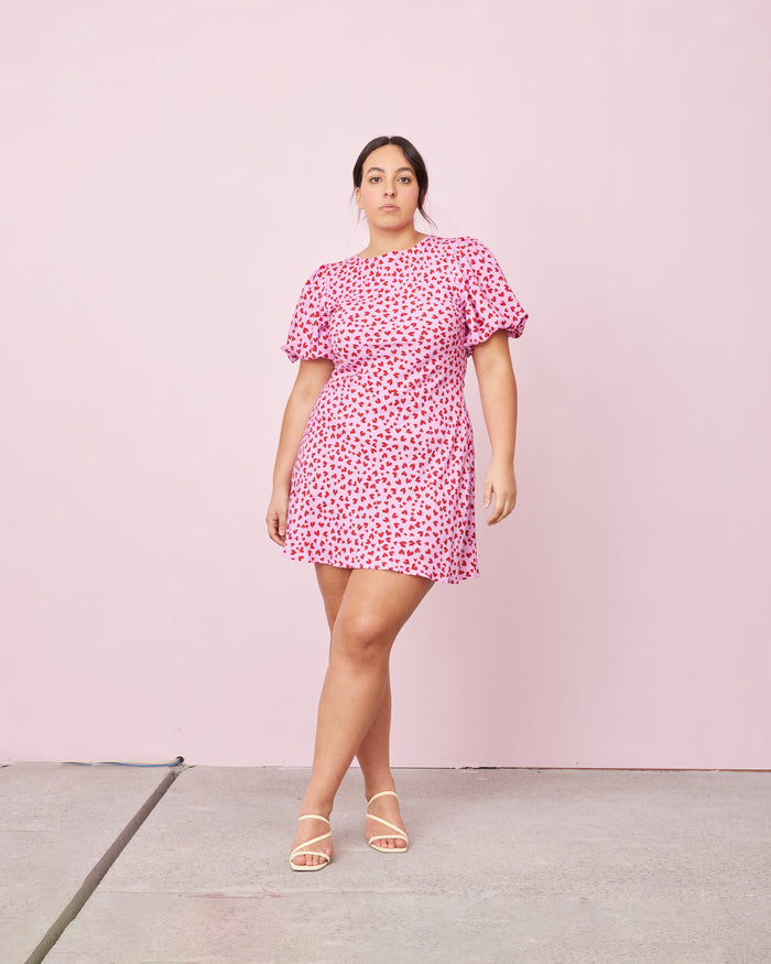 ESME TIE MINI DRESS PINK SCATTER HEARTS