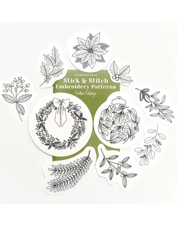 Festive Foliage Stick & Stitch Embroidery Patterns, Blackbird & Bloom