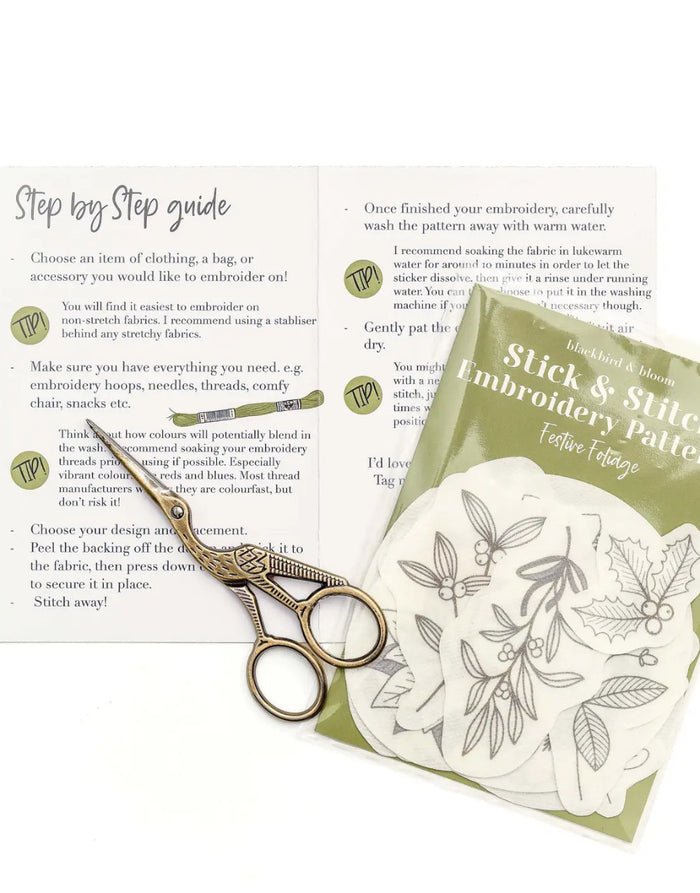 Festive Foliage Stick & Stitch Embroidery Patterns, Blackbird & Bloom