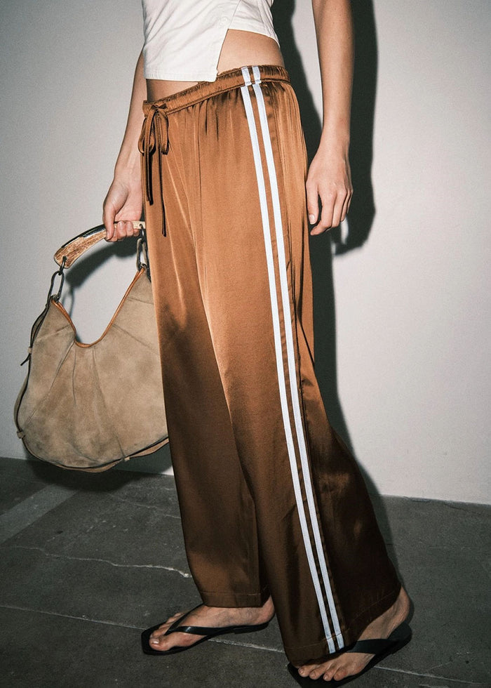 Fiona Satin Track Pants - Brown Blue