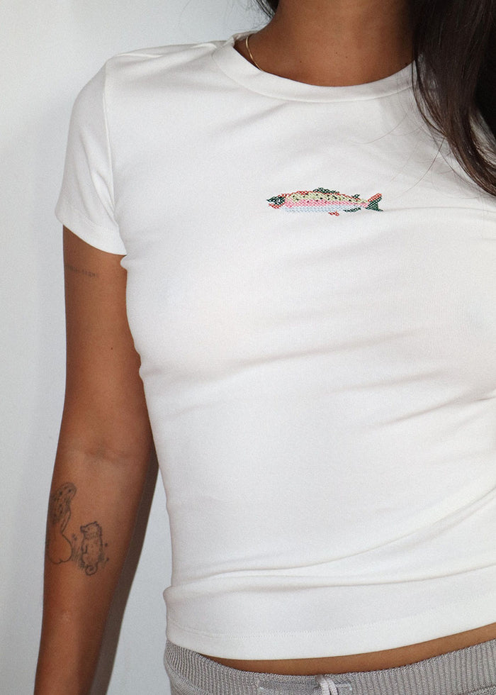 Fish Embroidered Baby Tee - Off White
