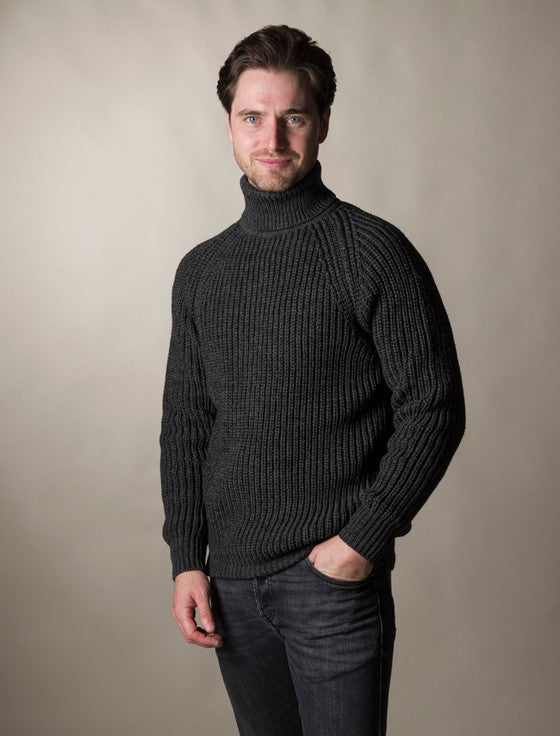 Fisherman's Merino Ribbed Turtleneck Sweater - Charcoal #color_charcoal