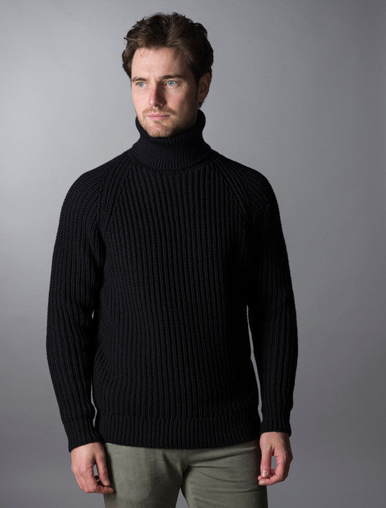 Fisherman's Merino Ribbed Turtleneck Sweater - Black #color_black