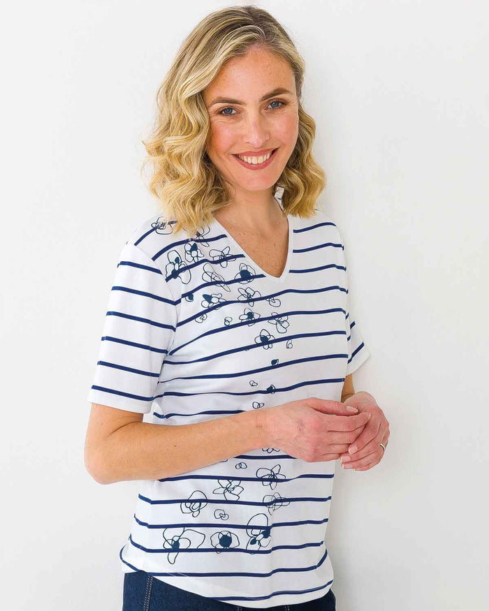 Floral Placement Print Striped T-Shirt - Image 1 - The Classic Boutique