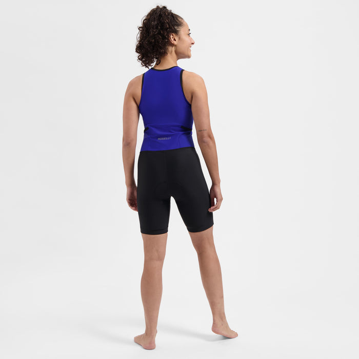 Rogelli Florida triathlonpak zonder mouwen zwart en blauw dames gedragen totaalshot achterkant.