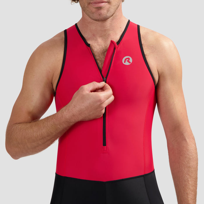 Detail ritssluiting van Florida triathlonpak zonder mouwen zwart en rood voorkant.