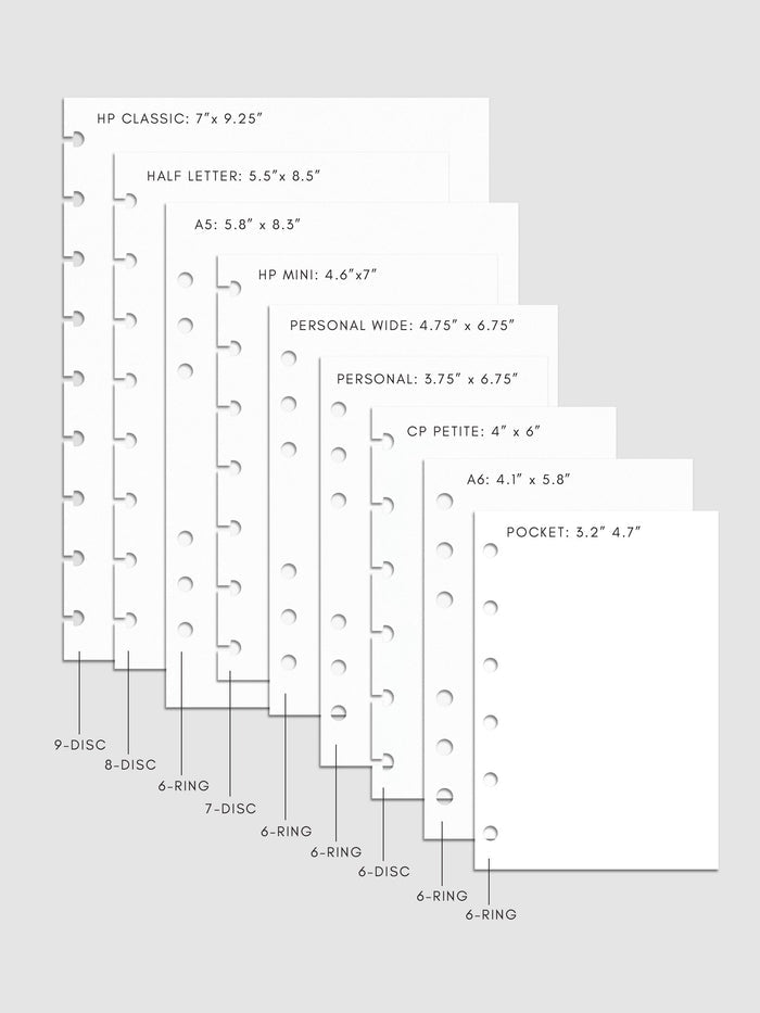 Cloth & Paper planner size guide showing sizes Pocket, A6, CP Petite, Personal, Personal Wide, HP Mini, A5, Half Letter, and HP Classic shown with measurements in inches and with punch type.