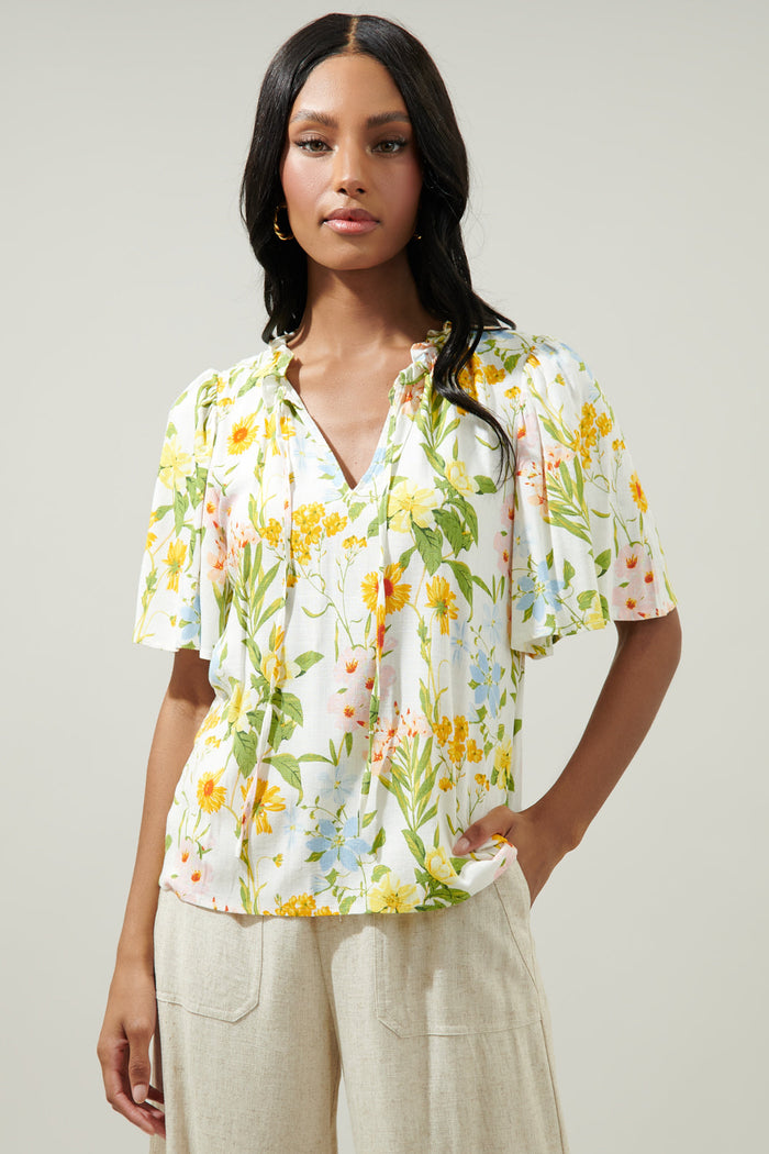 Free to Be Ruffle Split Neck Dupont Top