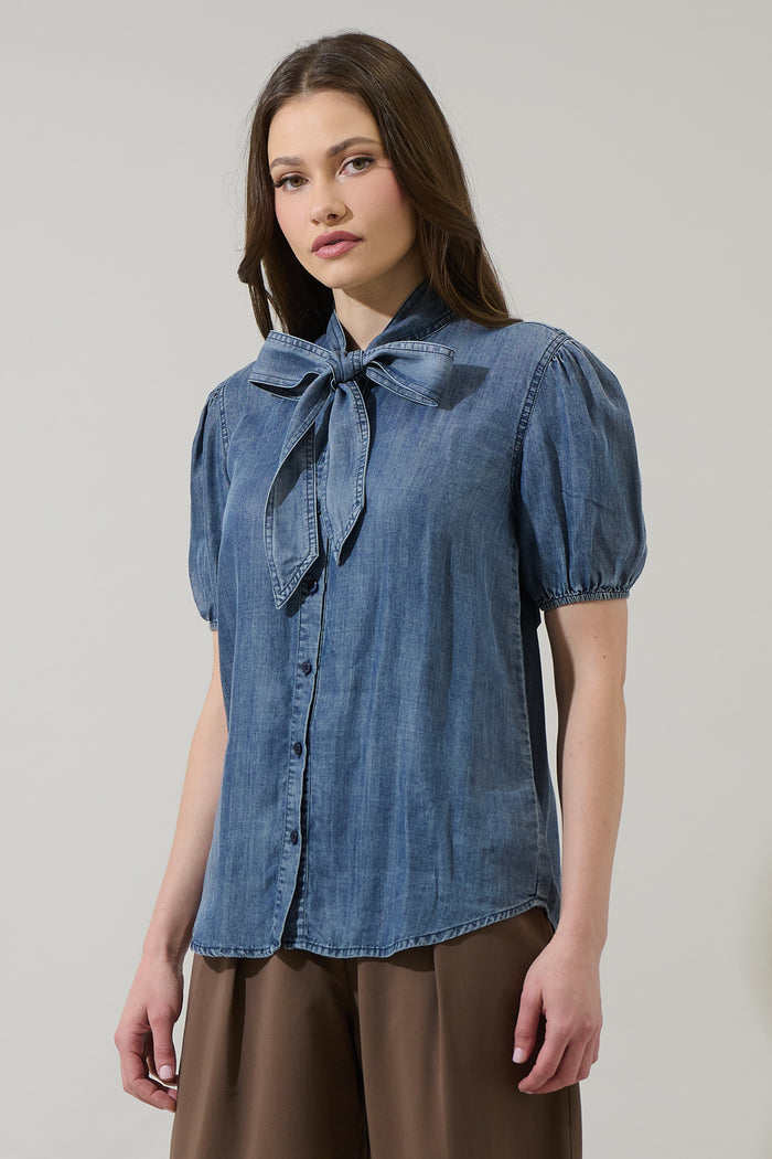 Georgina Chambray Button Front Bow Top