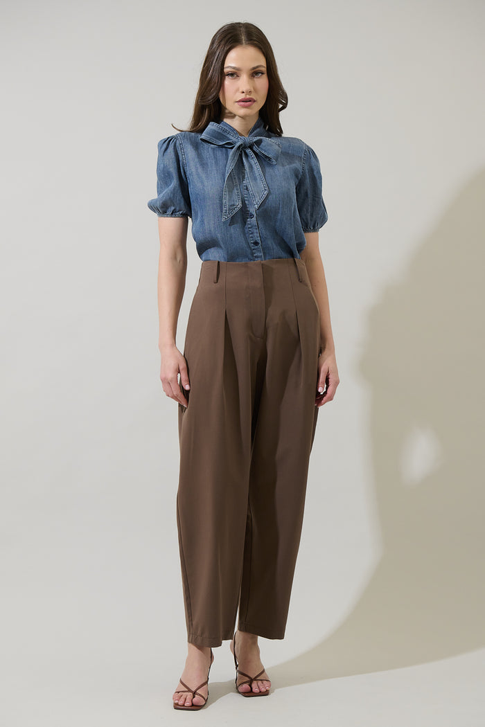 Georgina Chambray Button Front Bow Top