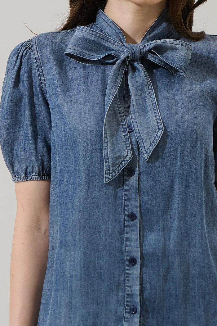 Georgina Chambray Button Front Bow Top