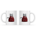 Ceramic Mug_TeeTurtle Get Cozy white mug featuring a smiling gray tabby cat wrapped in a cozy red plaid scarf while holding a warm mug.
