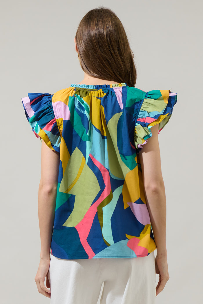 Gia Abstract Risette Ruffle Split Neck Top