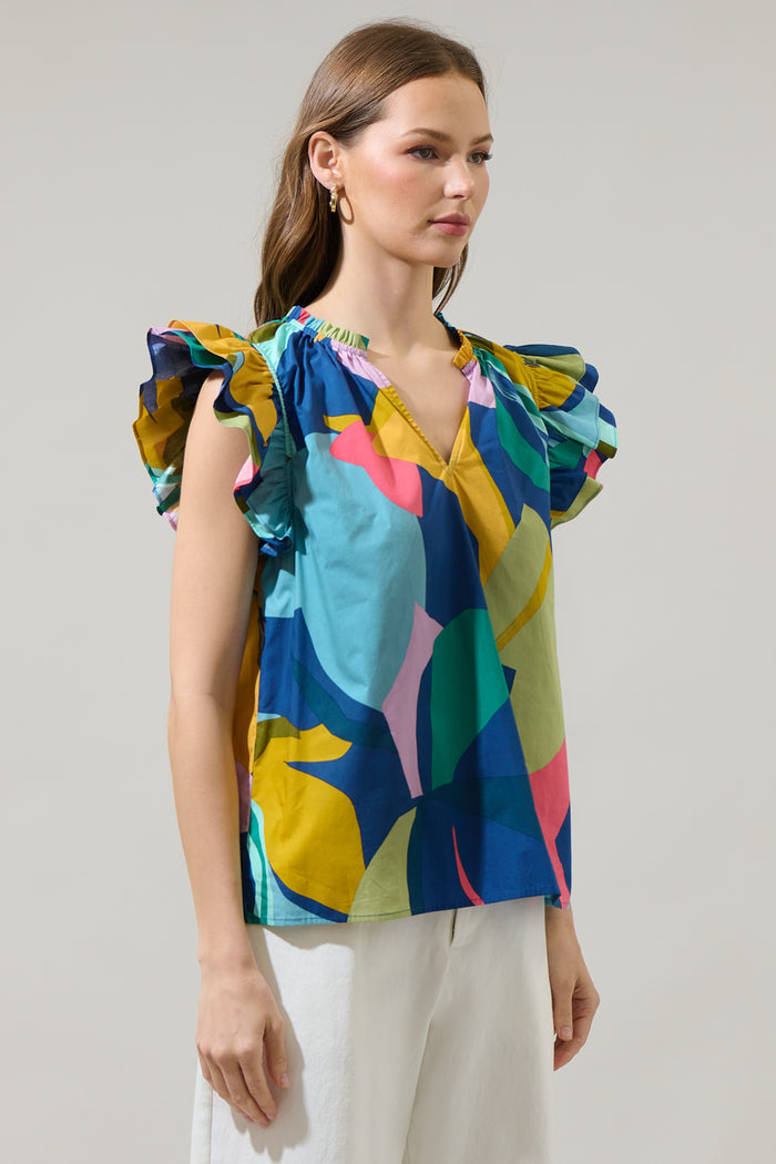 Gia Abstract Risette Ruffle Split Neck Top