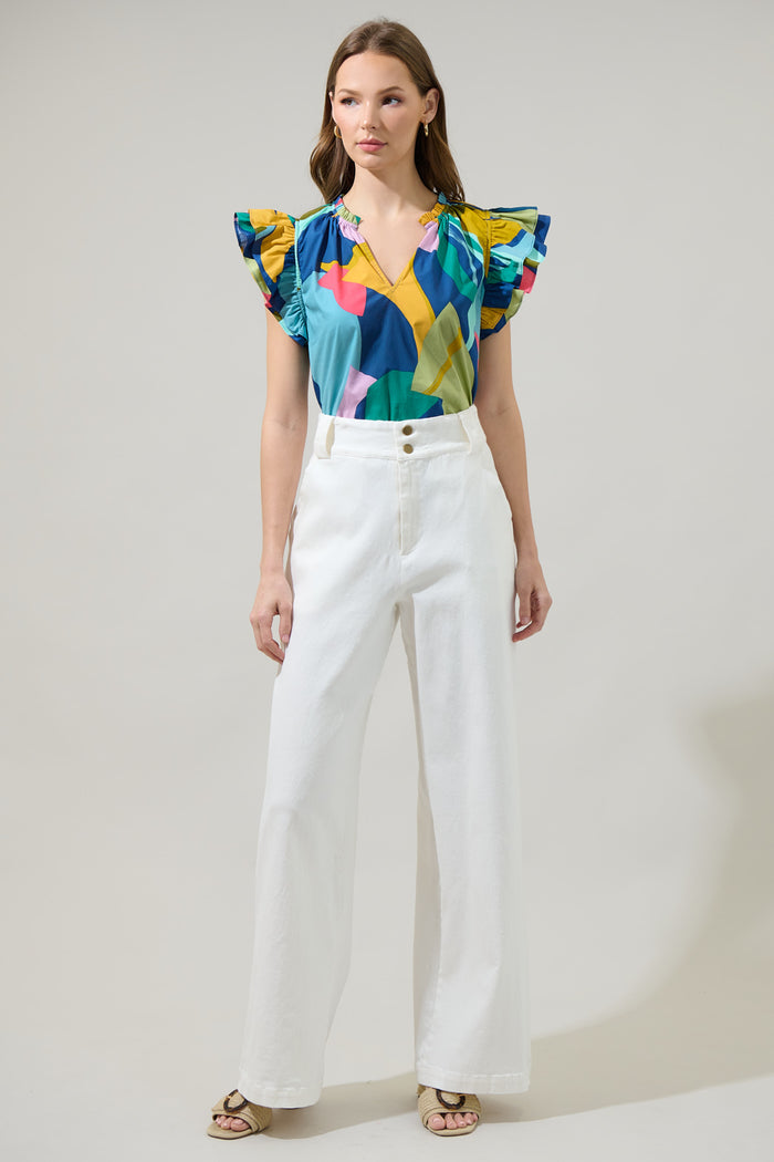 Gia Abstract Risette Ruffle Split Neck Top