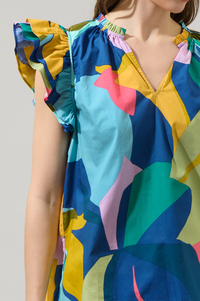 Gia Abstract Risette Ruffle Split Neck Top
