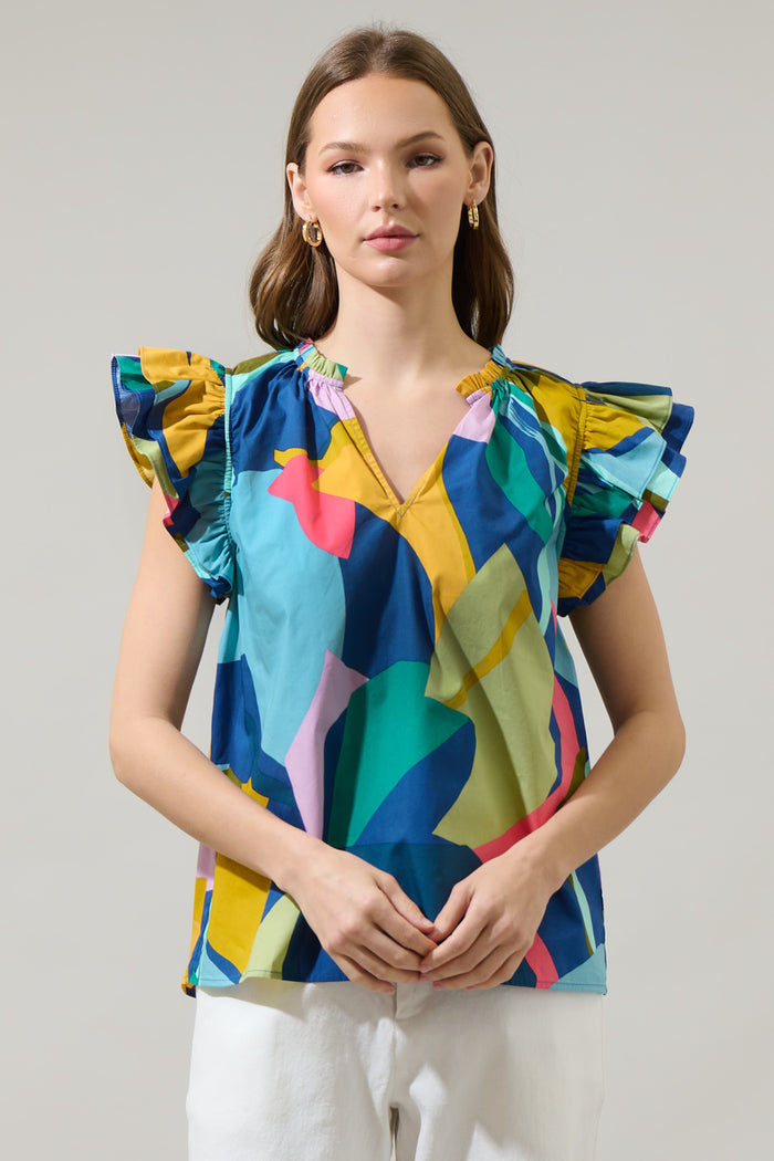 Gia Abstract Risette Ruffle Split Neck Top