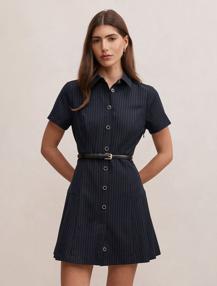 Gigi Pleated Button Down Mini Dress Navy Pinstripe Forever New