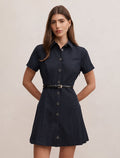 Gigi Pleated Button Down Mini Dress Navy Pinstripe Forever New
