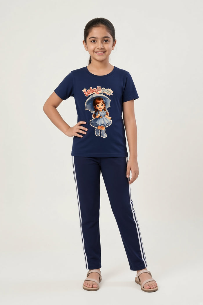 Girls Navy Blue Baba Ki Pari Printed T-Shirt & Stripe Trouser Set
