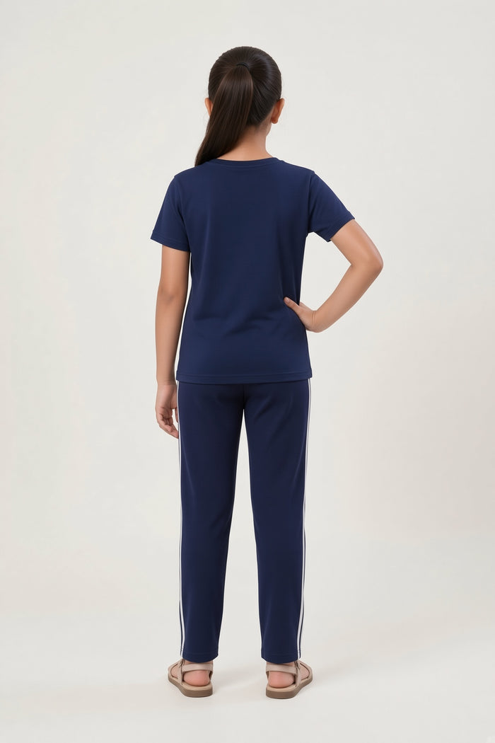 Girls Navy Blue Baba Ki Pari Printed T-Shirt & Stripe Trouser Set - Hinz Clothing