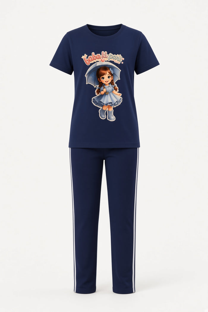 Girls Navy Blue Baba Ki Pari Printed T-Shirt & Stripe Trouser Set - Hinz Clothing