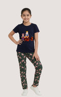 Girls Premium Navy Blue Printed T-Shirt & Flamingo Print Pajama Set