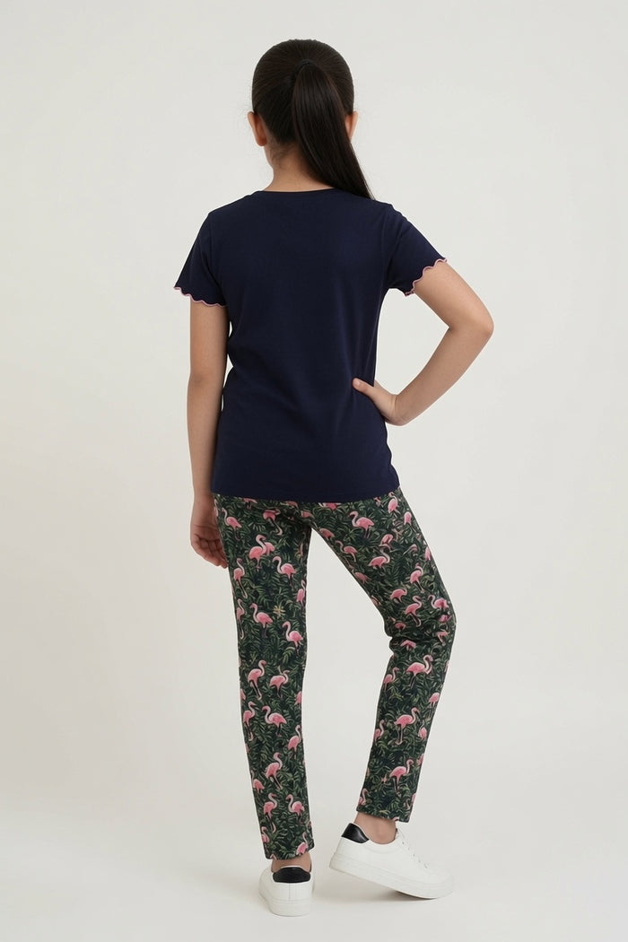 Girls Premium Navy Blue Printed T-Shirt & Flamingo Print Pajama Set