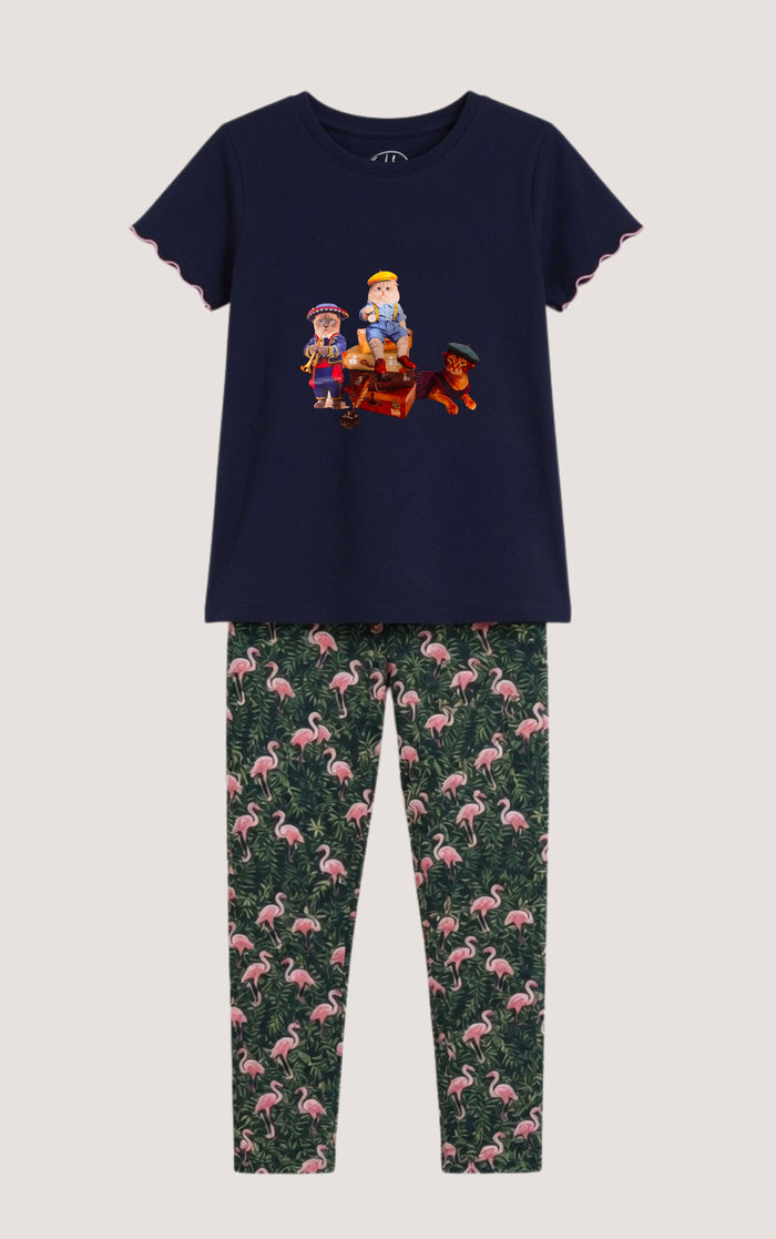 Girls Premium Navy Blue Printed T-Shirt & Flamingo Print Pajama Set