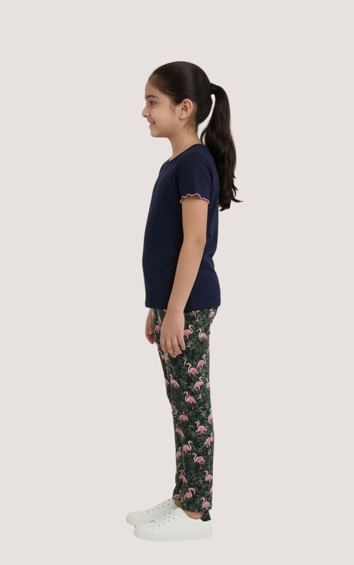 Girls Premium Navy Blue Printed T-Shirt & Flamingo Print Pajama Set