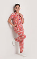 Girls Premium Peach Floral Printed Button Night Suit