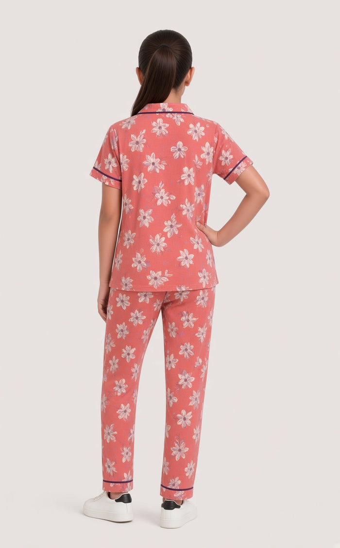 Girls Premium Peach Floral Printed Button Night Suit