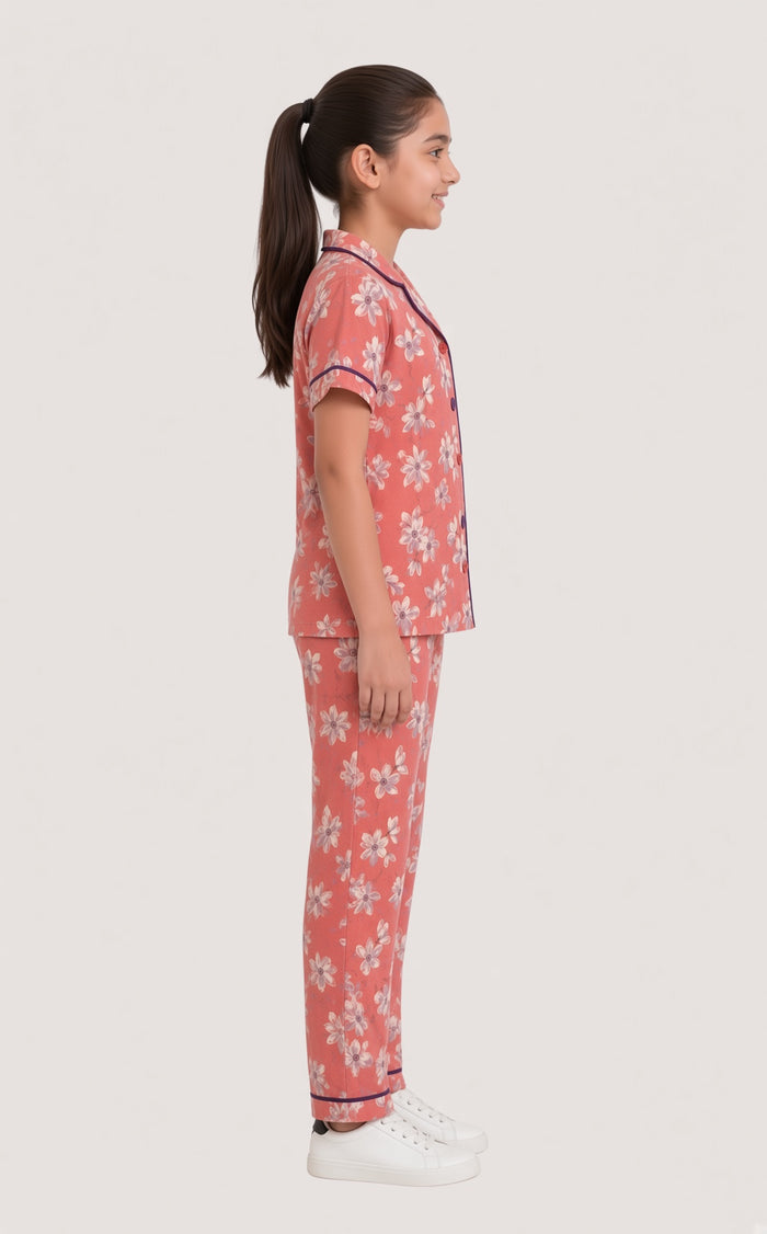 Girls Premium Peach Floral Printed Button Night Suit