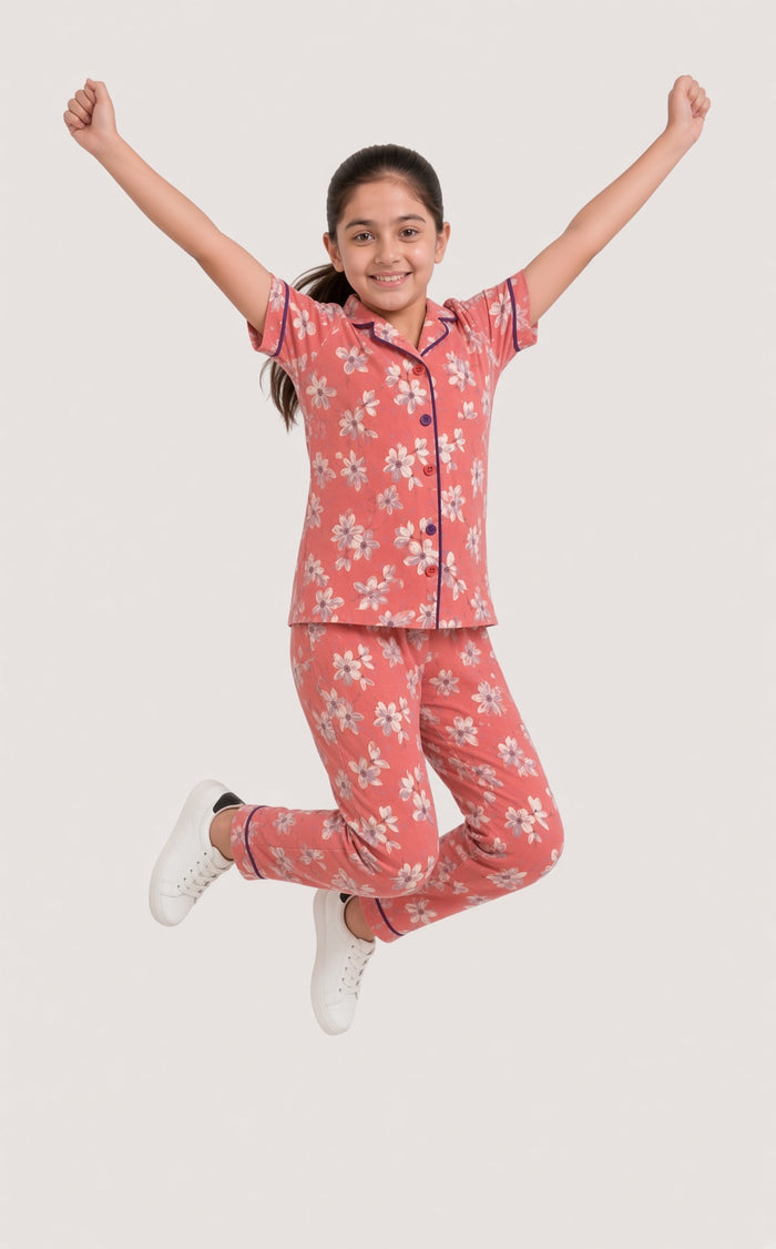 Girls Premium Peach Floral Printed Button Night Suit