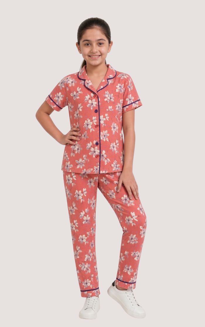 Girls Premium Peach Floral Printed Button Night Suit