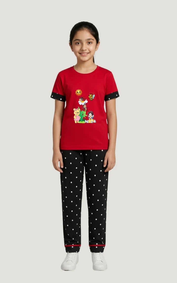 Girls Red Cartoon Printed Jersey Cotton T-Shirt & Black Polka Dot Trouser Set
