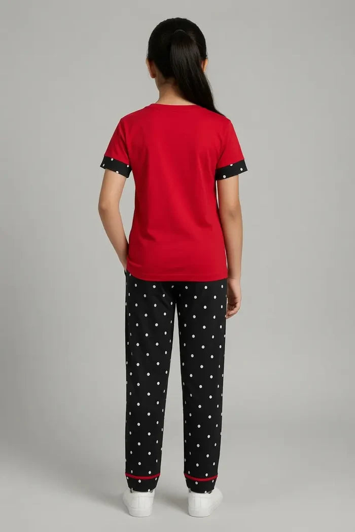 Girls Red Cartoon Printed Jersey Cotton T-Shirt & Black Polka Dot Trouser Set