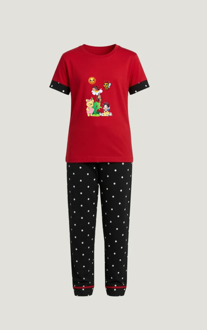 Girls Red Cartoon Printed Jersey Cotton T-Shirt & Black Polka Dot Trouser Set