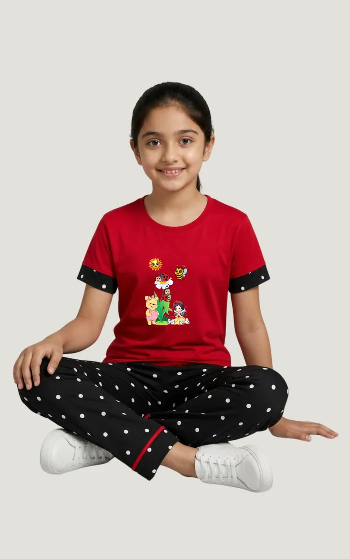 Girls Red Cartoon Printed Jersey Cotton T-Shirt & Black Polka Dot Trouser Set