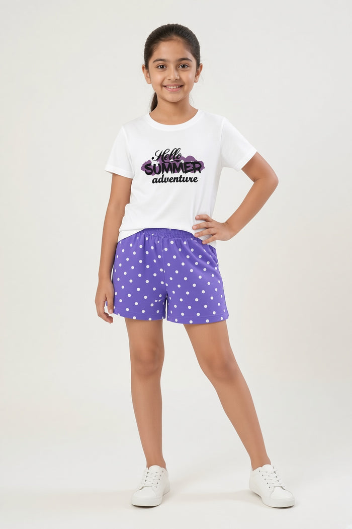 Girls White Printed T-Shirt & Purple Polka Dot Shorts Set (Hello Summer )