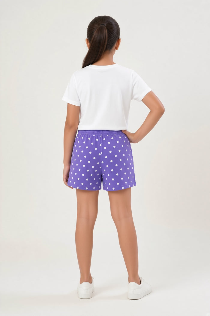 Girls White Printed T-Shirt & Purple Polka Dot Shorts Set (Hello Summer ) - Hinz Clothing
