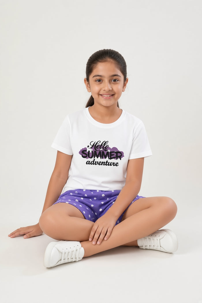 Girls White Printed T-Shirt & Purple Polka Dot Shorts Set (Hello Summer ) - Hinz Clothing