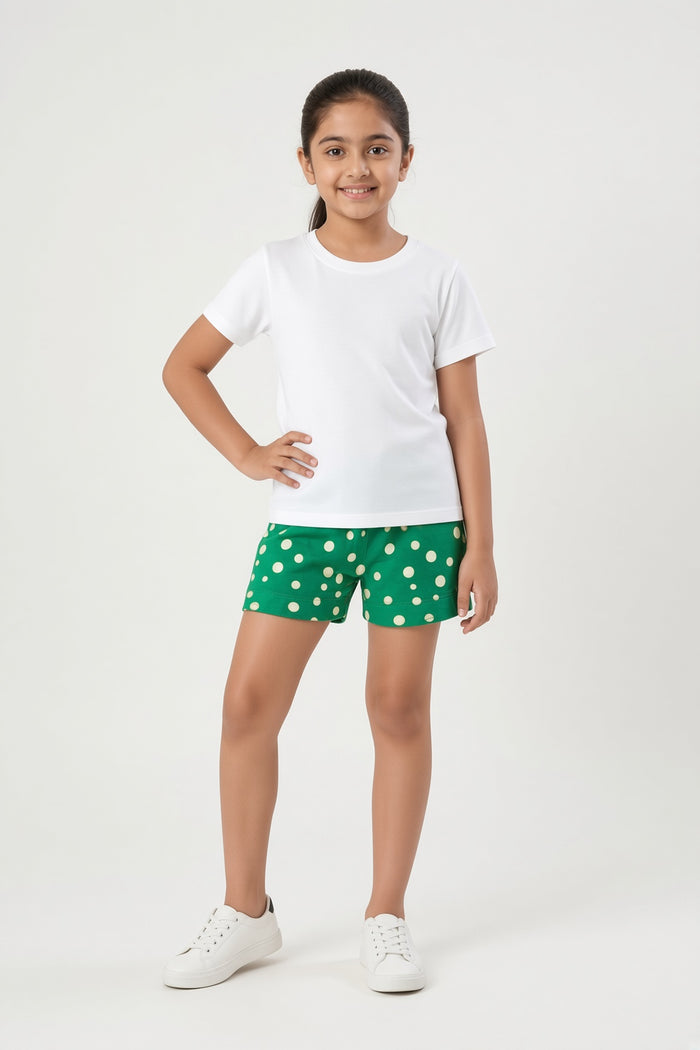 Girls White T-Shirt & Green Polka Dot Shorts Set