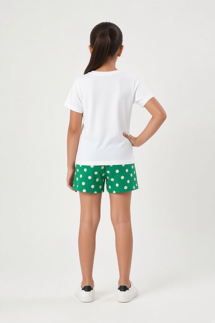 Girls White T-Shirt & Green Polka Dot Shorts Set - Hinz Clothing