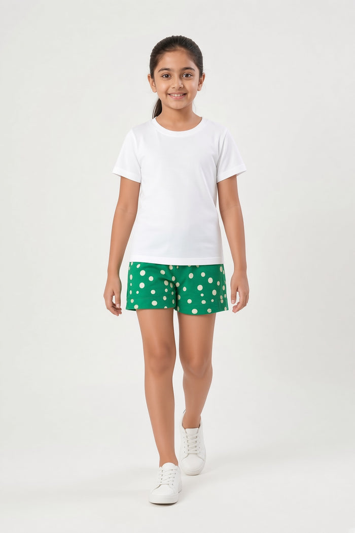 Girls White T-Shirt & Green Polka Dot Shorts Set - Hinz Clothing
