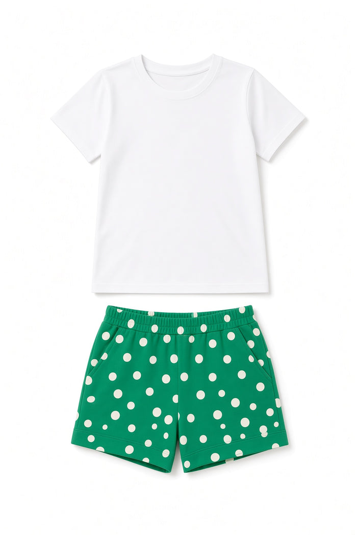 Girls White T-Shirt & Green Polka Dot Shorts Set - Hinz Clothing