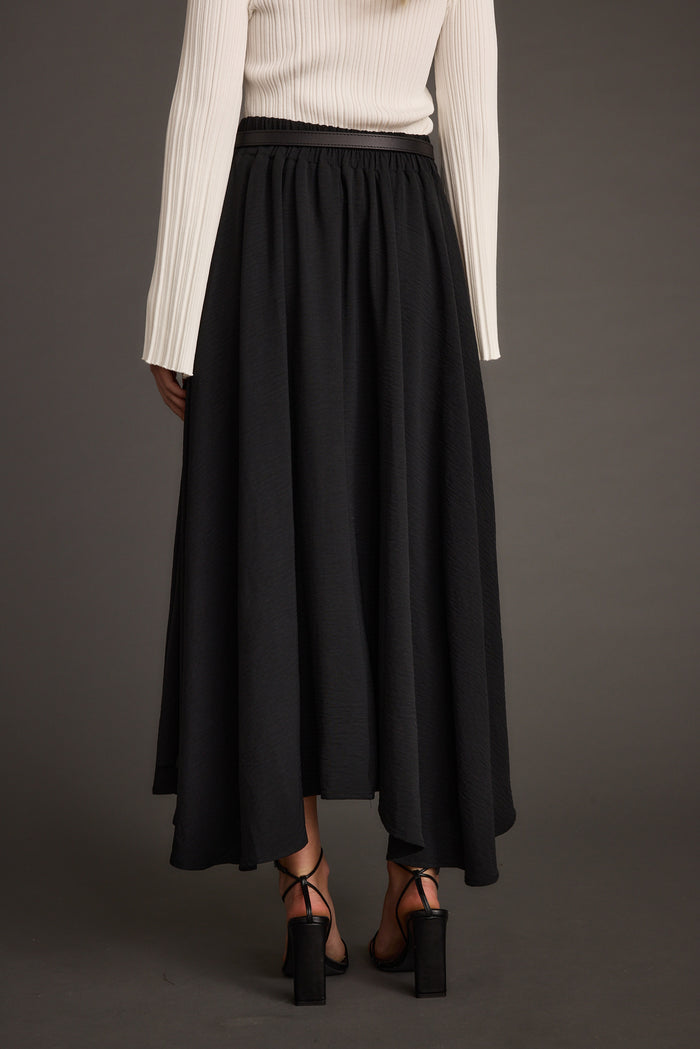 Gloria Black Midi Skirt styled in a complete look from an alternate angle.